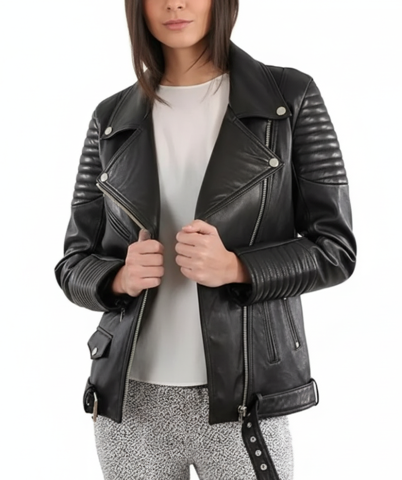 Genuine real Cowhide Jacket for Women | Slim Fit Black Biker Bomber Coat