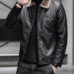 Men's Genuine Cowhide Jacket with Faux Fur Collar