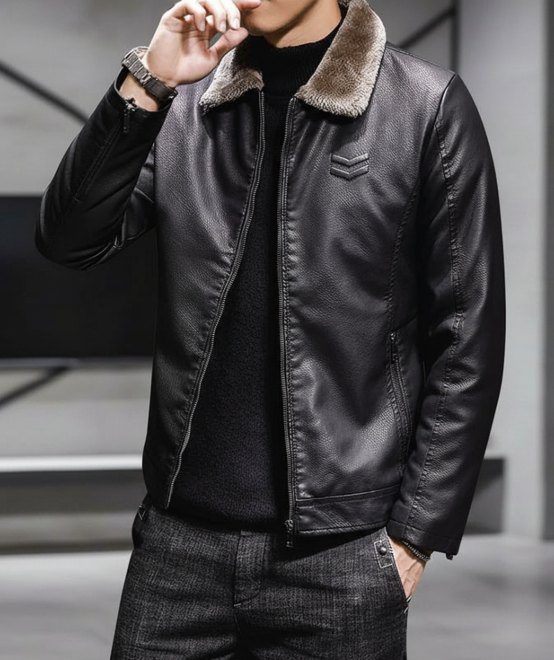 Men's Genuine Cowhide Jacket with Faux Fur Collar