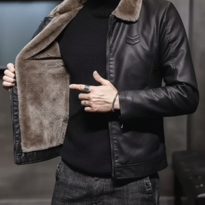 Men's Genuine Cowhide Jacket with Faux Fur Collar