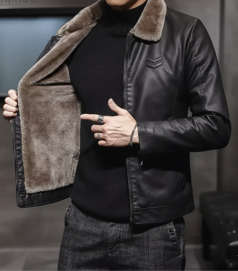 Men's Genuine Cowhide Jacket with Faux Fur Collar - Image 2