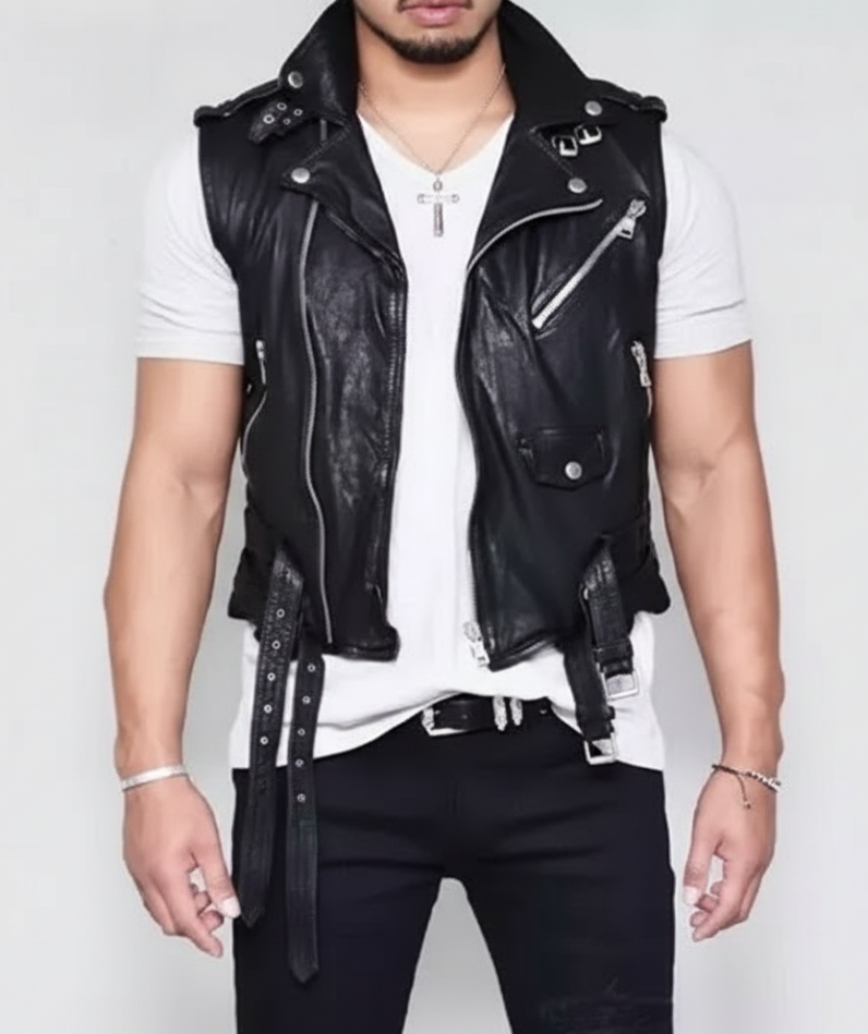 Men's Real Black Cowhide Motorcycle Vest