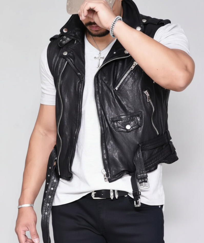Men's Real Black Cowhide Motorcycle Vest - Image 3