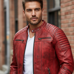 Men's Red Cowhide Jacket, Cafe Racer Slim Fit Real Cowhide Biker Motorcycle Jacket