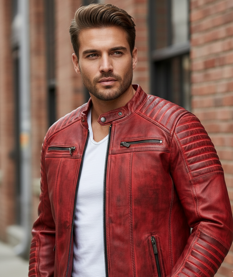 Men's Red Cowhide Jacket, Cafe Racer Slim Fit Real Cowhide Biker Motorcycle Jacket