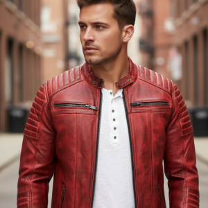 Men's Red Cowhide Jacket, Cafe Racer Slim Fit Real Cowhide Biker Motorcycle Jacket