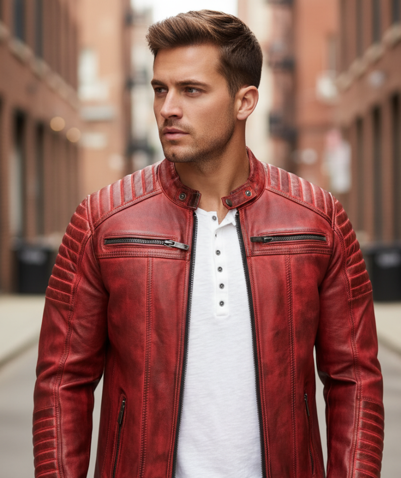 Men's Red Cowhide Jacket, Cafe Racer Slim Fit Real Cowhide Biker Motorcycle Jacket - Image 2