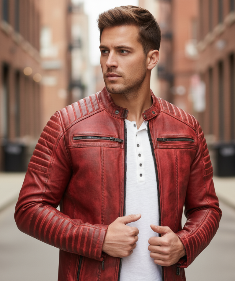 Men's Red Cowhide Jacket, Cafe Racer Slim Fit Real Cowhide Biker Motorcycle Jacket - Image 3