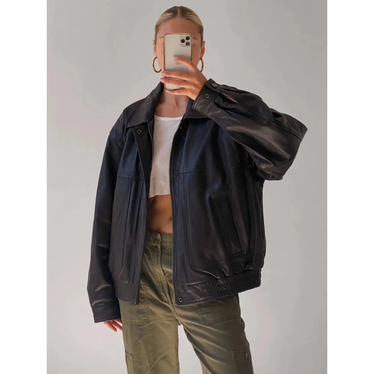 90's Oversized Bomber Jacket Retro Vintage Classic Cowhide Jacket