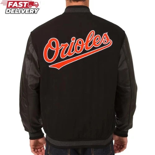 Baltimore Orioles Black Wool and Genuine Cowhide Varsity Letterman Men's Jacket - Image 2