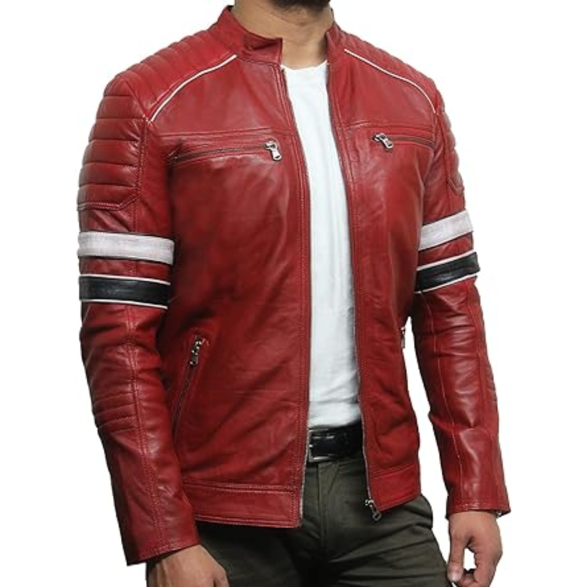 Black Cowhide Jacket Mens - Cafe Racer Real sheepskin Cowhide Distressed Motorcycle Jacket - Image 3