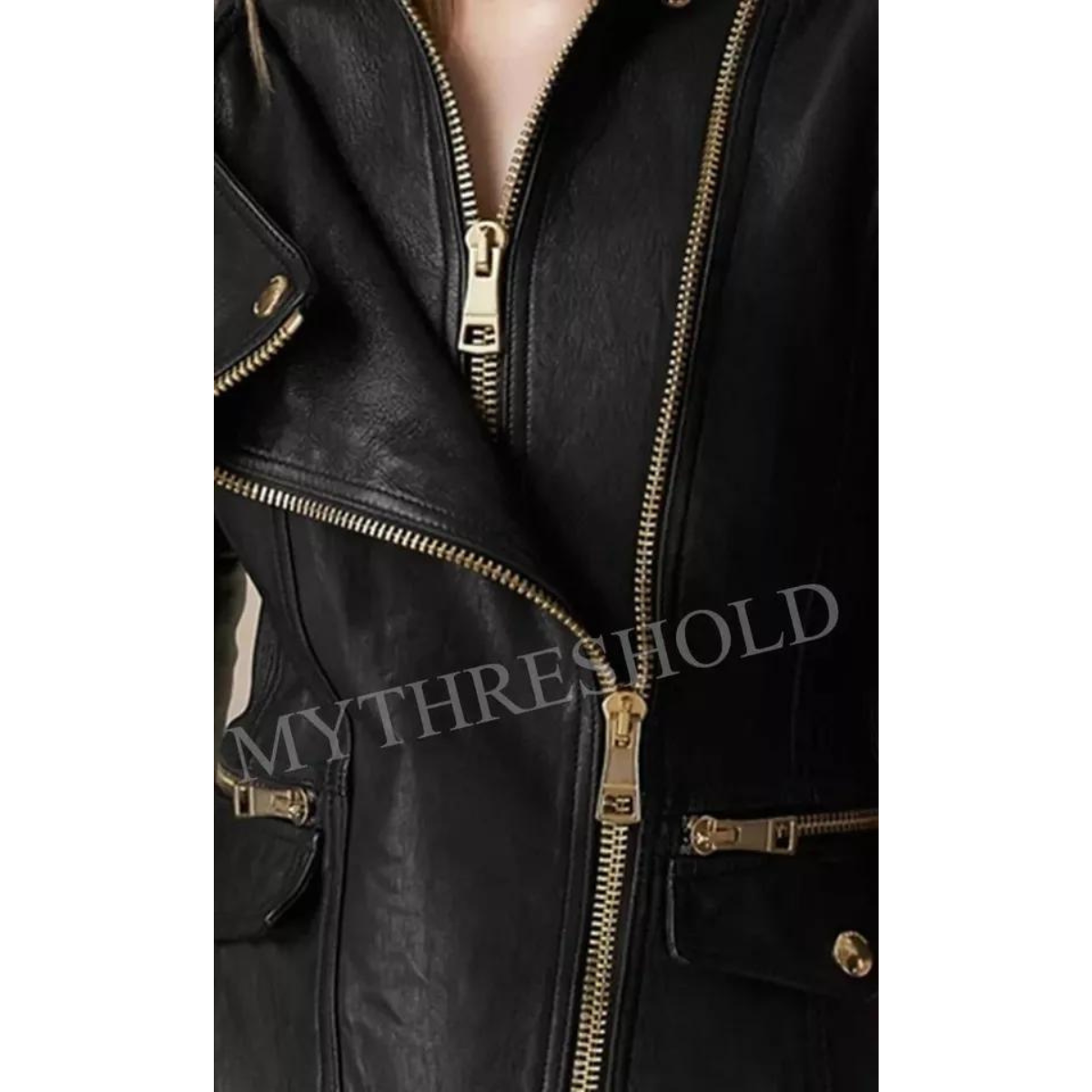 Black Women's Slim Fit Biker Diamond Quilted PU Cowhide Jacket - Image 4
