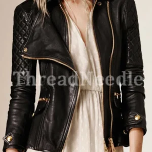 Black Women's Quilted Slim Fit Biker Style Moto Real Cowhide Jacket