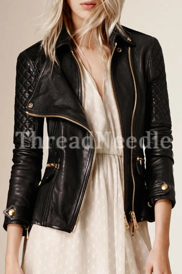 Black Women's Quilted Slim Fit Biker Style Moto Real Cowhide Jacket