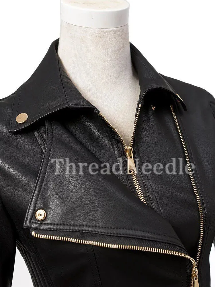 Black Women's Quilted Slim Fit Biker Style Moto Real Cowhide Jacket - Image 3