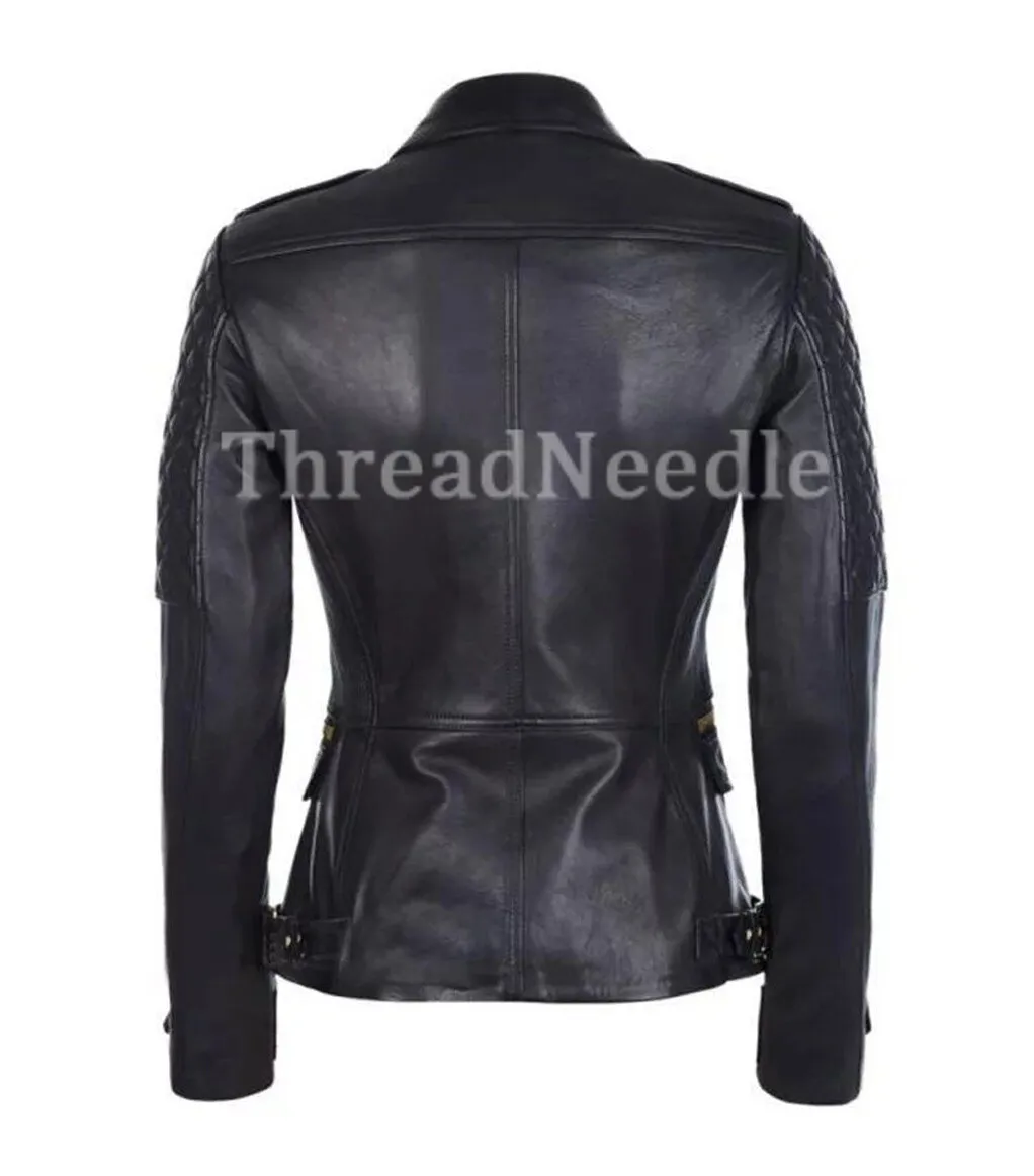 Black Women's Quilted Slim Fit Biker Style Moto Real Cowhide Jacket - Image 2