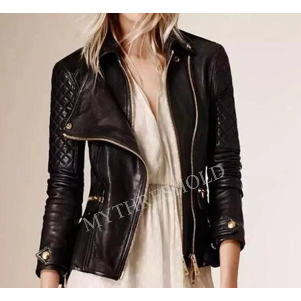 Black Women's Slim Fit Biker Diamond Quilted PU Cowhide Jacket - Image 2