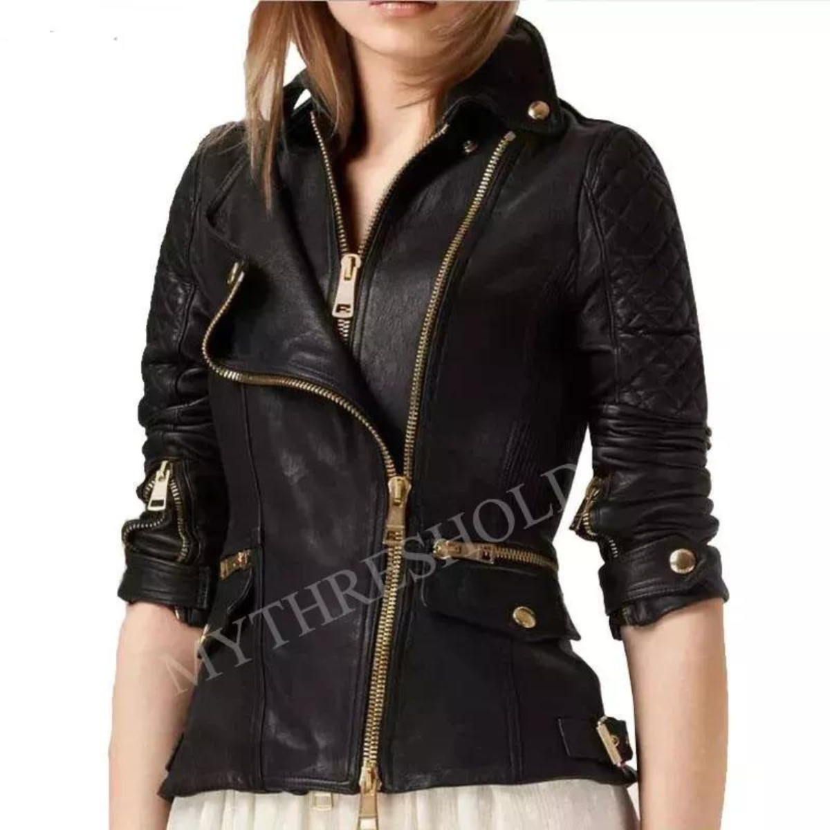 Black Women's Slim Fit Biker Diamond Quilted PU Cowhide Jacket