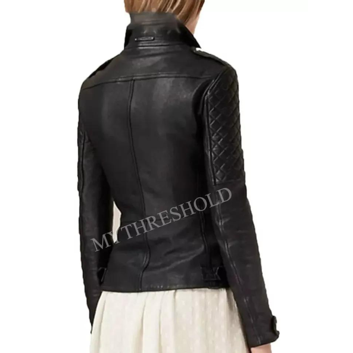 Black Women's Slim Fit Biker Diamond Quilted PU Cowhide Jacket - Image 3