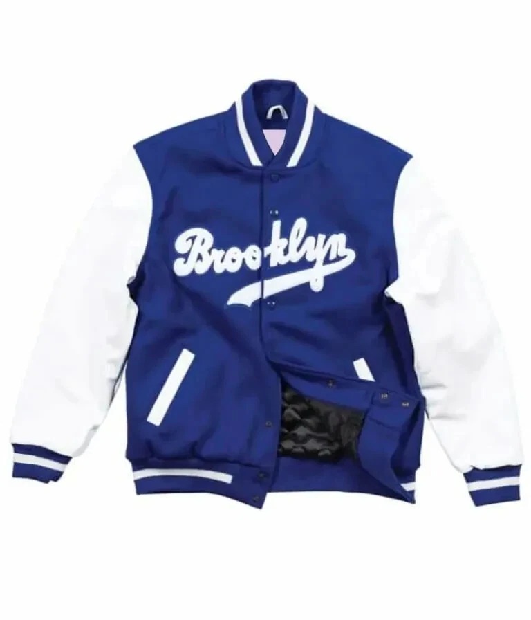 Brooklyn Dodgers Blue Wool Genuine Cowhide Sleeves Varsity Men's Bomber Jacket - Image 2