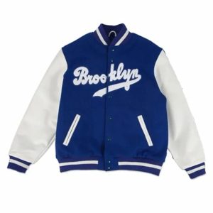 Brooklyn Dodgers Blue Wool Genuine Cowhide Sleeves Varsity Women Bomber Jacket