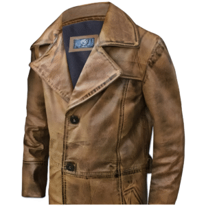 Brown Trench Coat, Distressed Cowhide, Vintage Style, Below Knee Long Coat