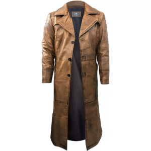 Brown Trench Coat, Distressed Cowhide, Vintage Style, Below Knee Long Coat