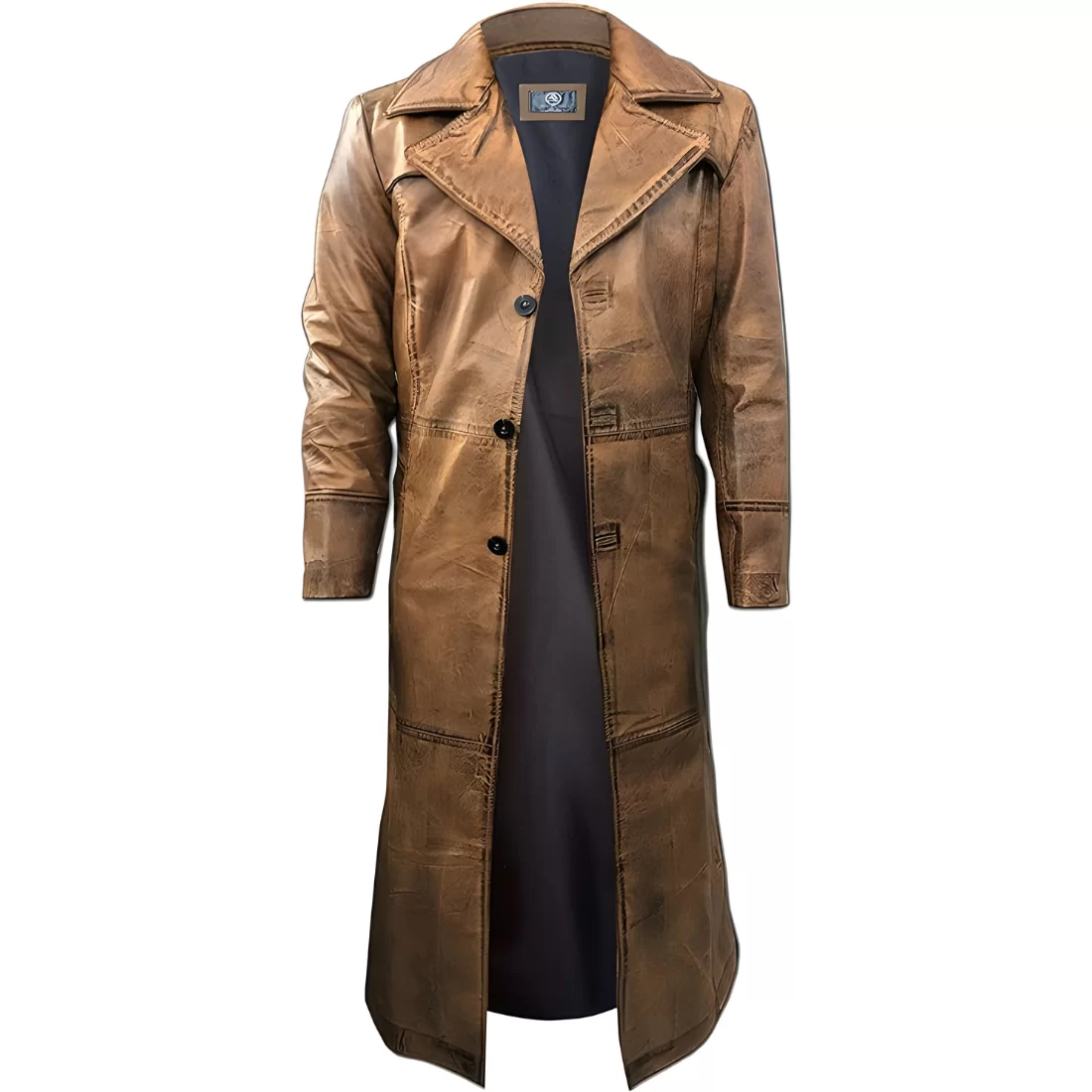 Brown Trench Coat, Distressed Cowhide, Vintage Style, Below Knee Long Coat