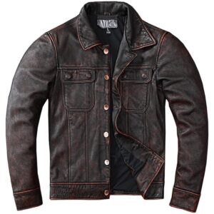 Brown Utility Style Denim Jacket Cowhide Jacket Coat Men Clothes