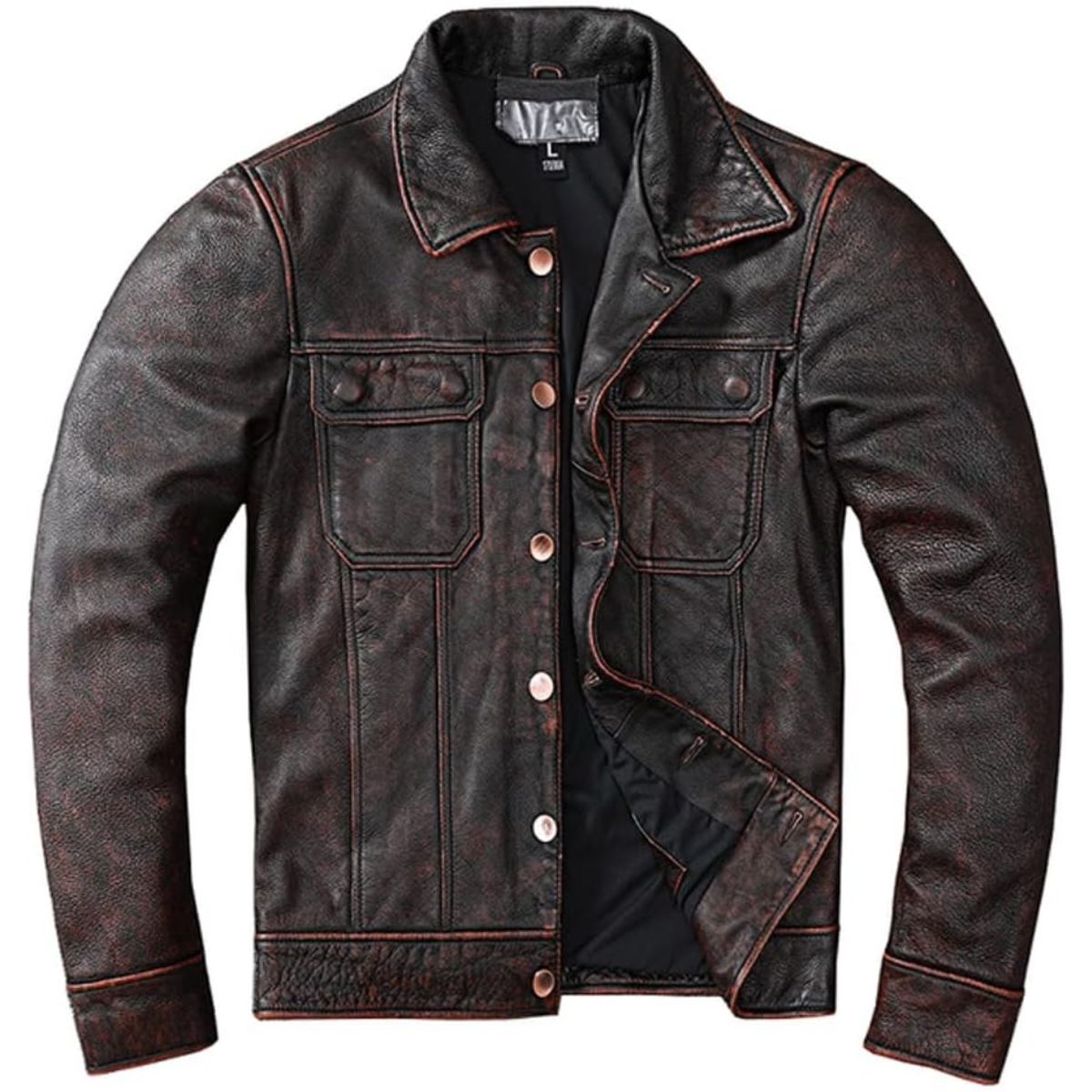 Brown Utility Style Denim Jacket Cowhide Jacket Coat Men Clothes