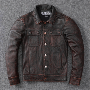 Brown Utility Style Denim Jacket Cowhide Jacket Coat Men Clothes