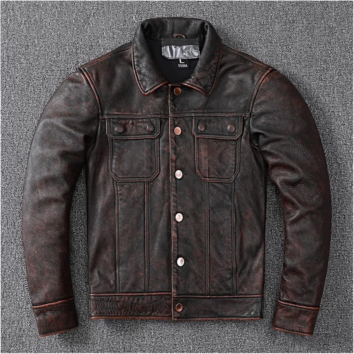 Brown Utility Style Denim Jacket Cowhide Jacket Coat Men Clothes - Image 2