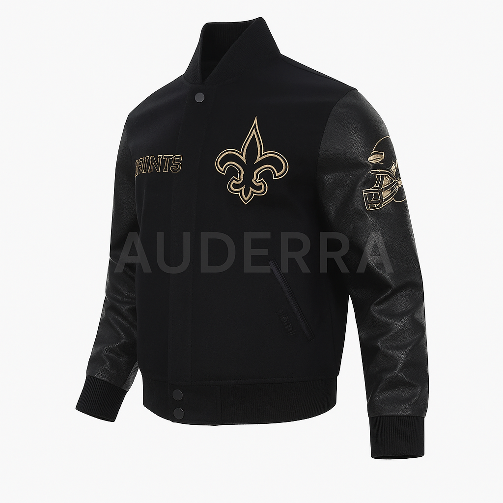 New Orleans Saints Black Wool Genuine Cowhide Sleeves Varsity Letterman Jacket - Image 5