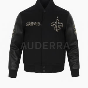 New Orleans Saints Black Wool Genuine Cowhide Sleeves Varsity Letterman Jacket