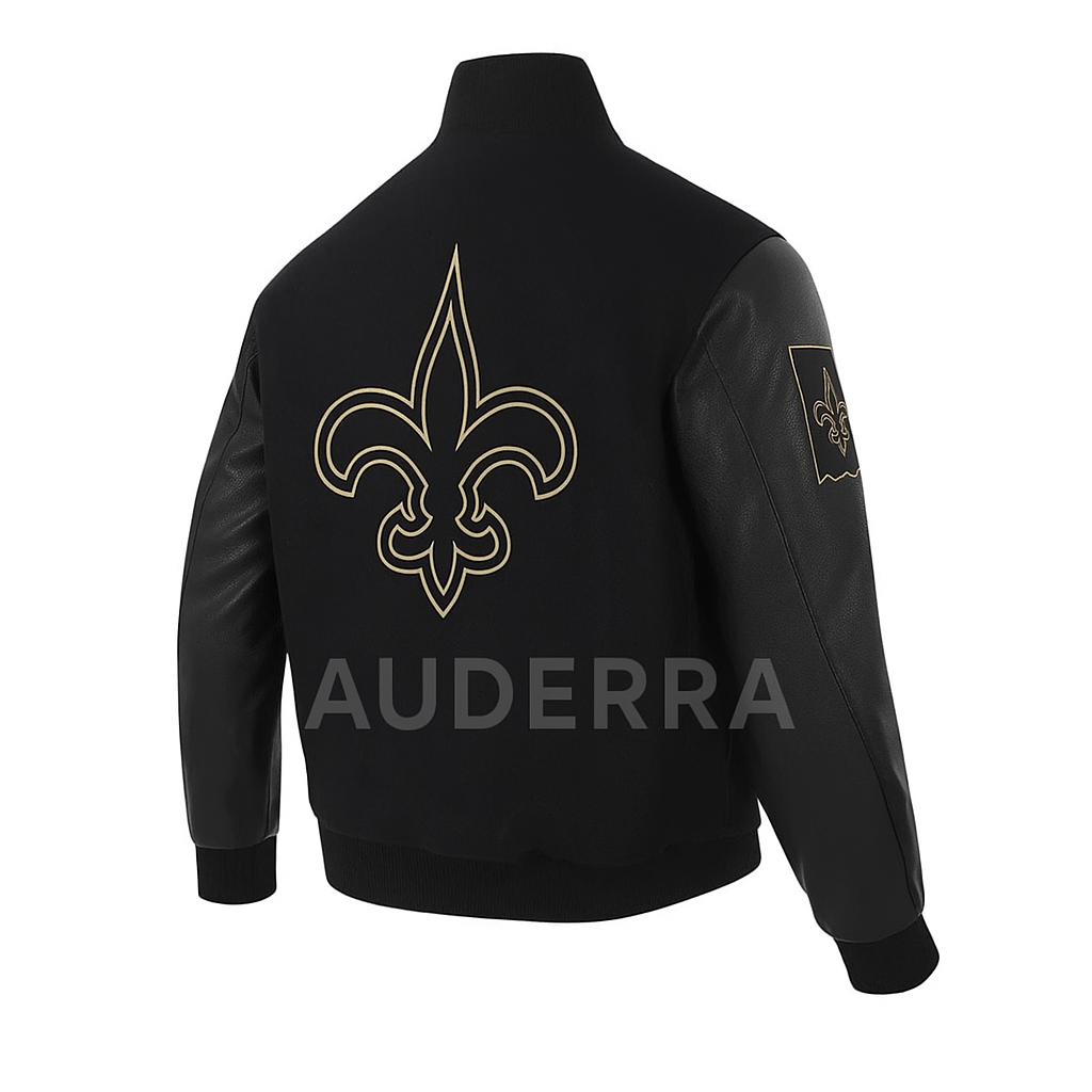 New Orleans Saints Black Wool Genuine Cowhide Sleeves Varsity Letterman Jacket - Image 3