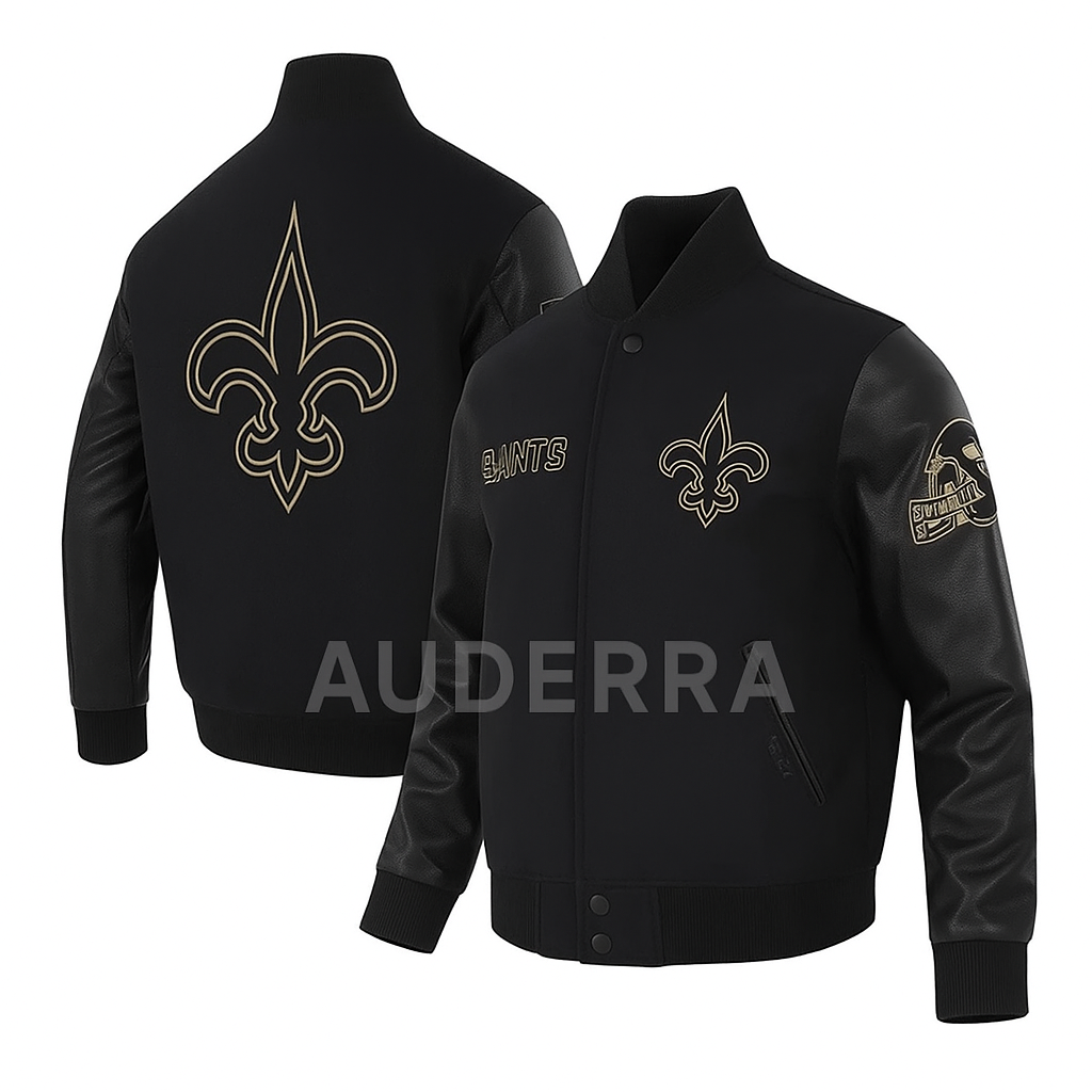 New Orleans Saints Black Wool Genuine Cowhide Sleeves Varsity Letterman Jacket - Image 4