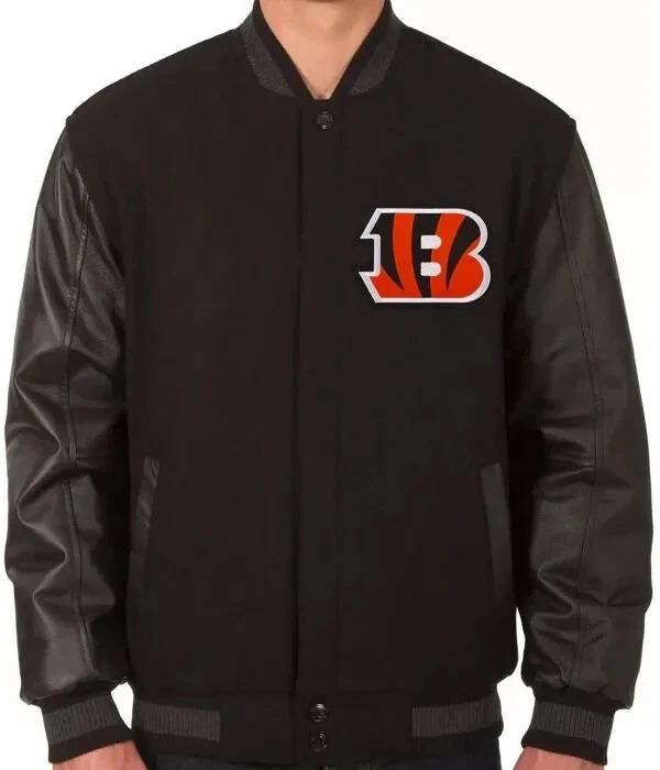 Cincinnati Bengals Black Wool and Genuine Cowhide Sleeves Varsity Women's Jacket - Image 2