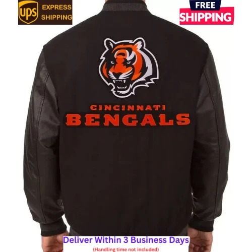 Cincinnati Bengals Black Wool and Genuine Cowhide Sleeves Varsity Women's Jacket - Image 3