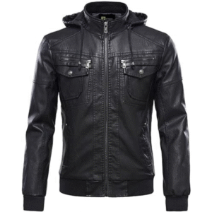 Classic Removable Black Hooded Mens Real Cowhide Jacket Shirt Look