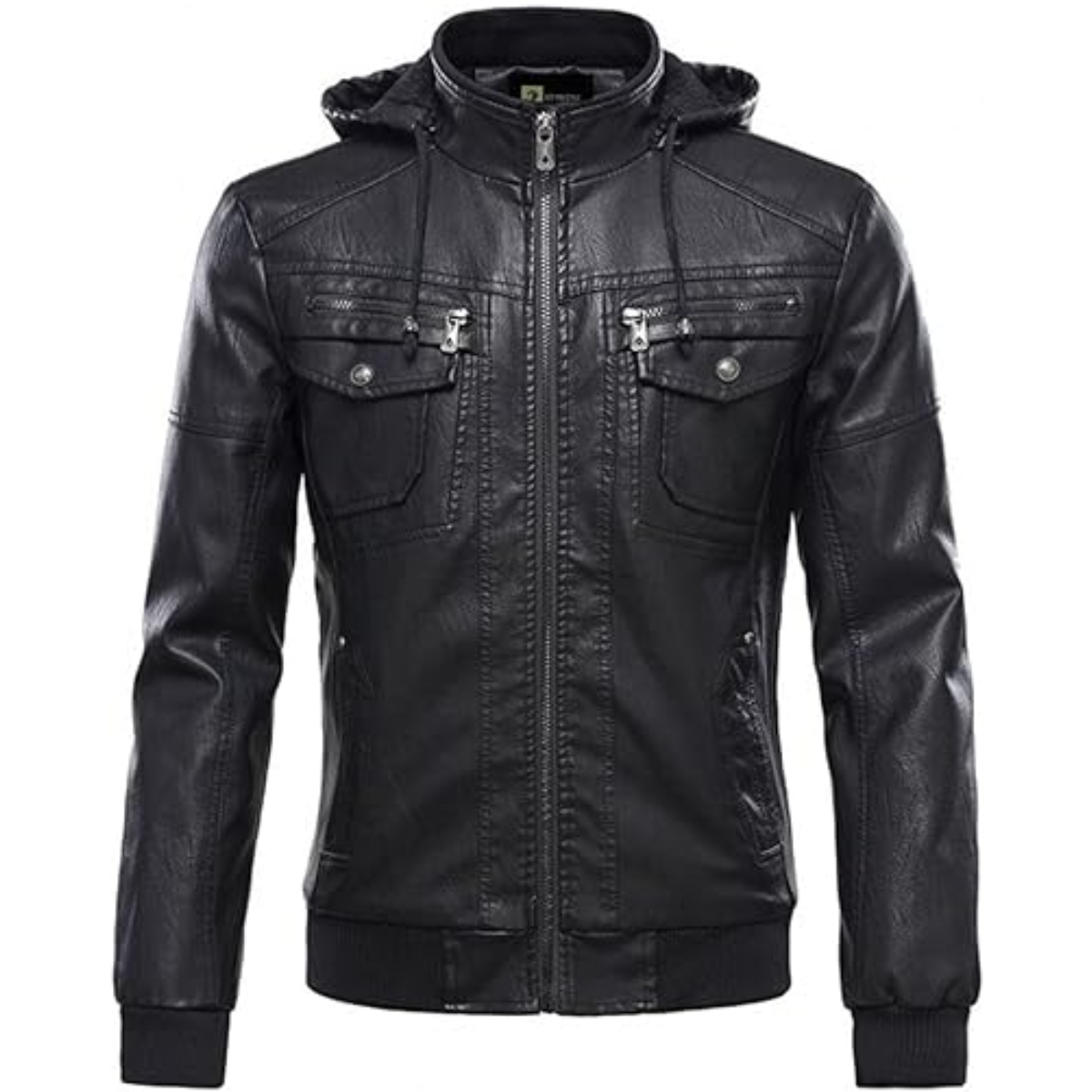 Classic Removable Black Hooded Mens Real Cowhide Jacket Shirt Look