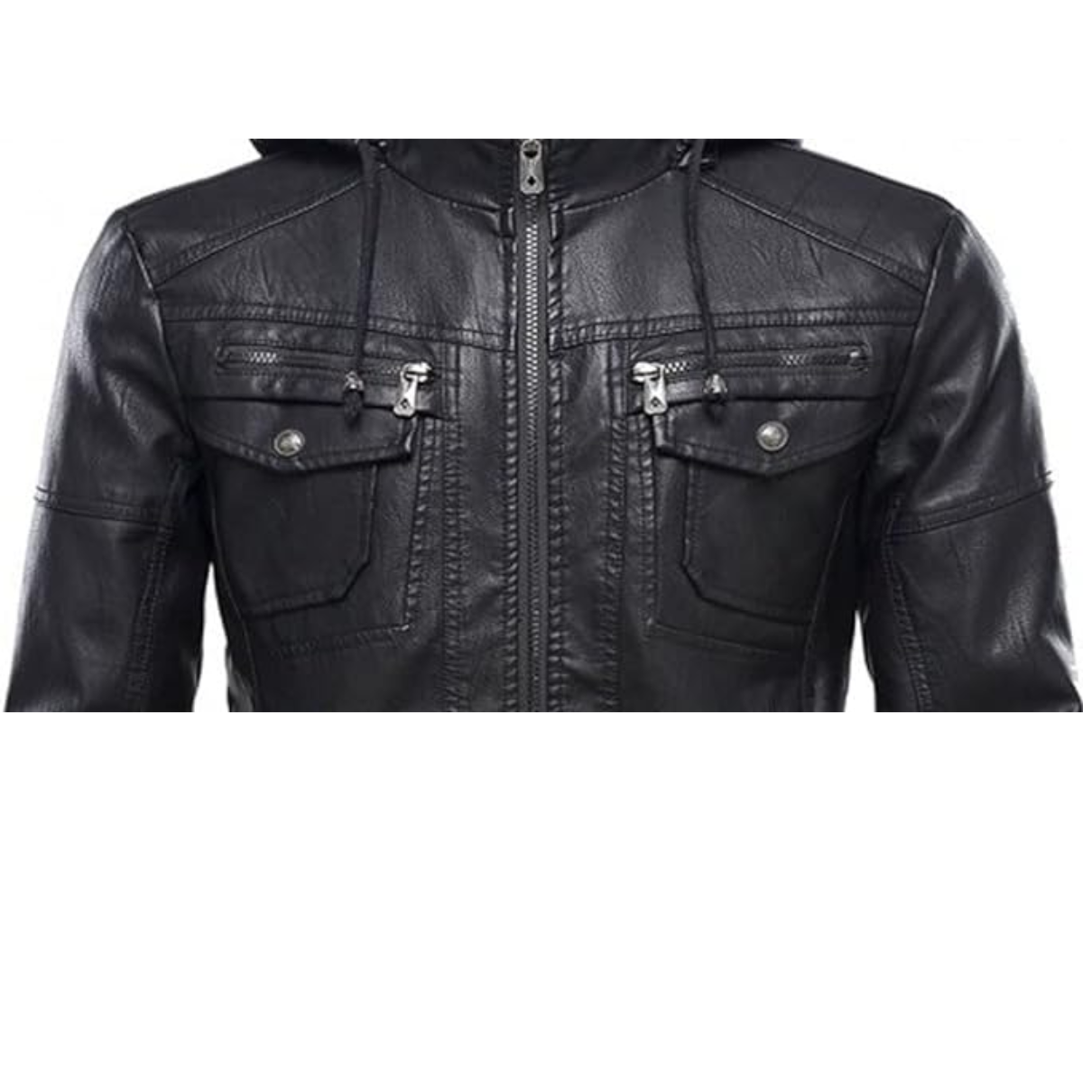 Classic Removable Black Hooded Mens Real Cowhide Jacket Shirt Look - Image 3