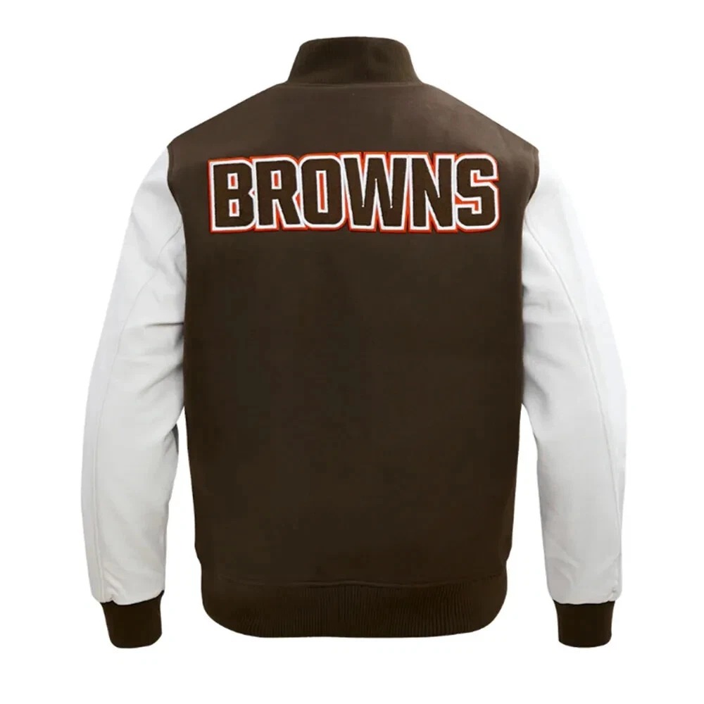 Cleveland Browns Brown Wool Genuine White Cowhide Varsity Women_s Letterman Jacket - Image 4