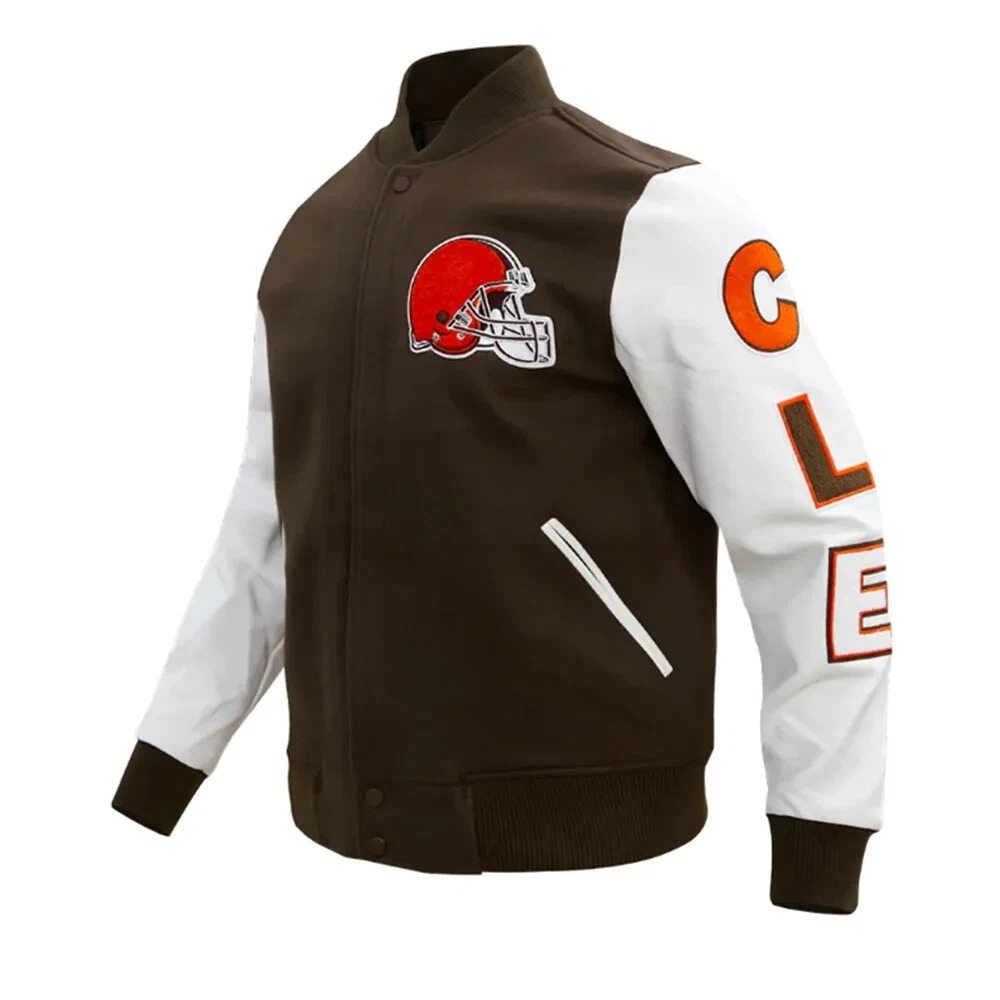 Cleveland Browns Brown Wool Genuine White Cowhide Varsity Women_s Letterman Jacket - Image 5