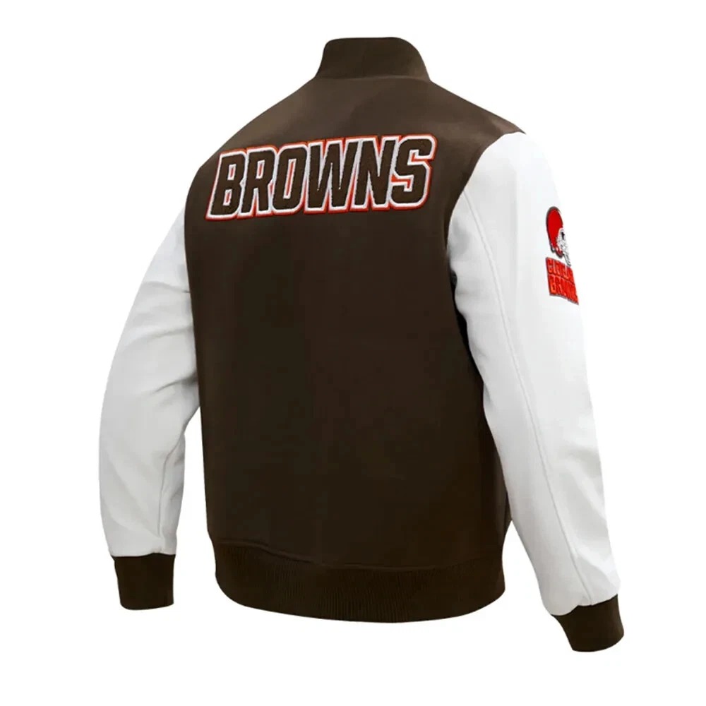 Cleveland Browns Brown Wool Genuine White Cowhide Varsity Women_s Letterman Jacket - Image 2