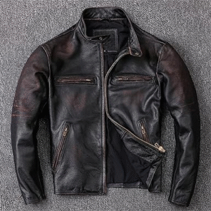Distressed Men's Cowhide Jacket Vintage Black 100% Calfskin Coat