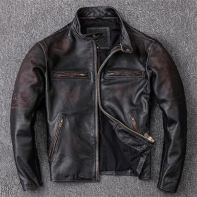 Distressed Men's Cowhide Jacket Vintage Black 100% Calfskin Coat