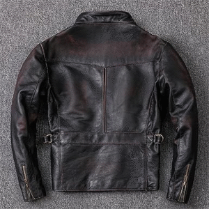 Distressed Men's Cowhide Jacket Vintage Black 100% Calfskin Coat