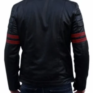 Fashion Style Men's Black Smooth Cowhide Biker Jacket with Red Striped