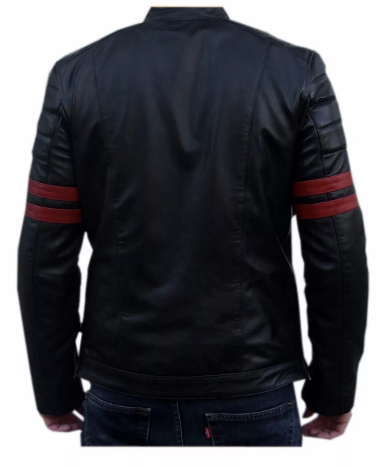 Fashion Style Men's Black Smooth Cowhide Biker Jacket with Red Striped - Image 2