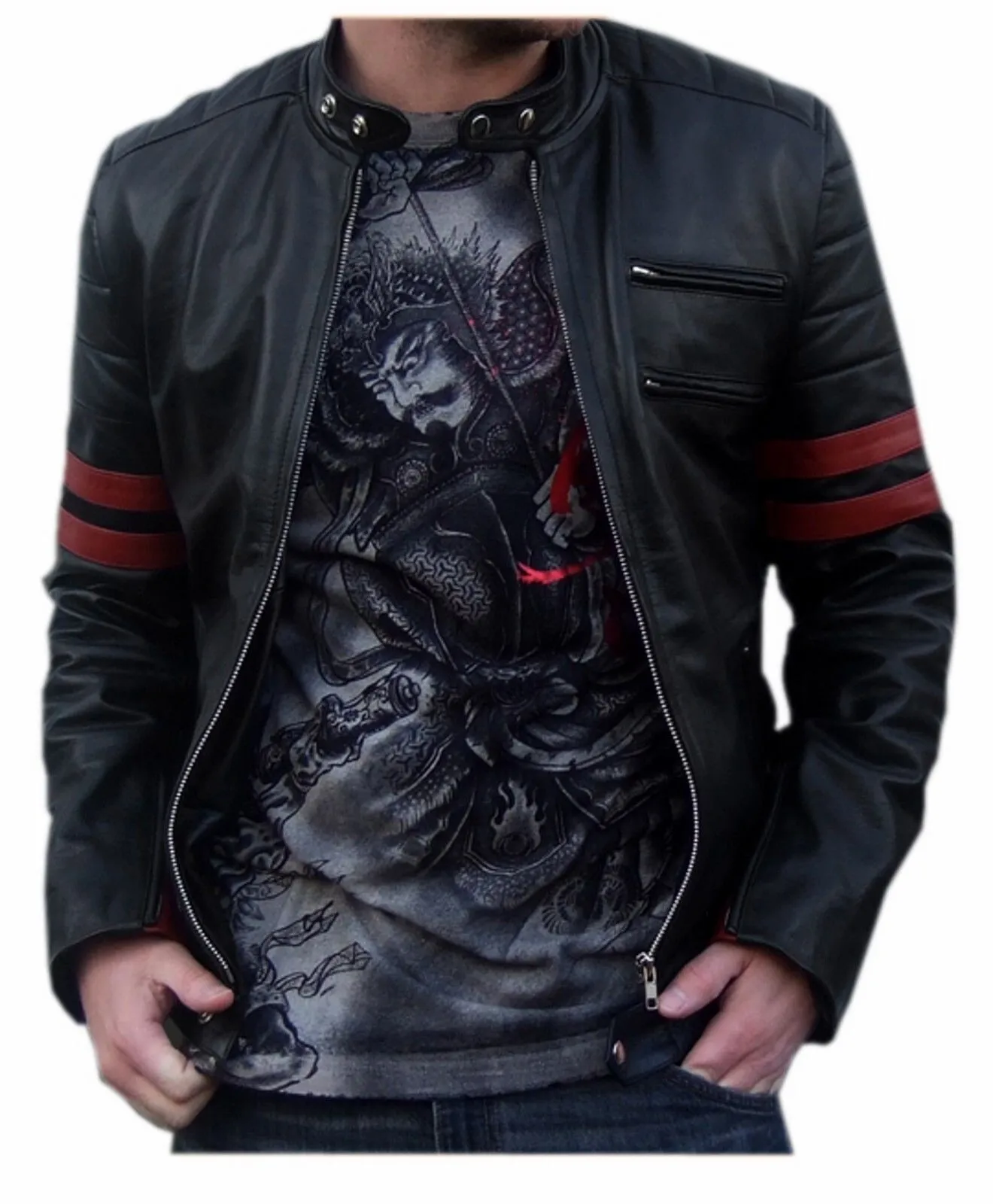 Fashion Style Men's Black Smooth Cowhide Biker Jacket with Red Striped - Image 3
